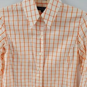 FACONNABLE NWOT WOMEN'S Sz S ORANGE WINDOWPANE LONG SLEEVE BUTTON DOWN TOP.